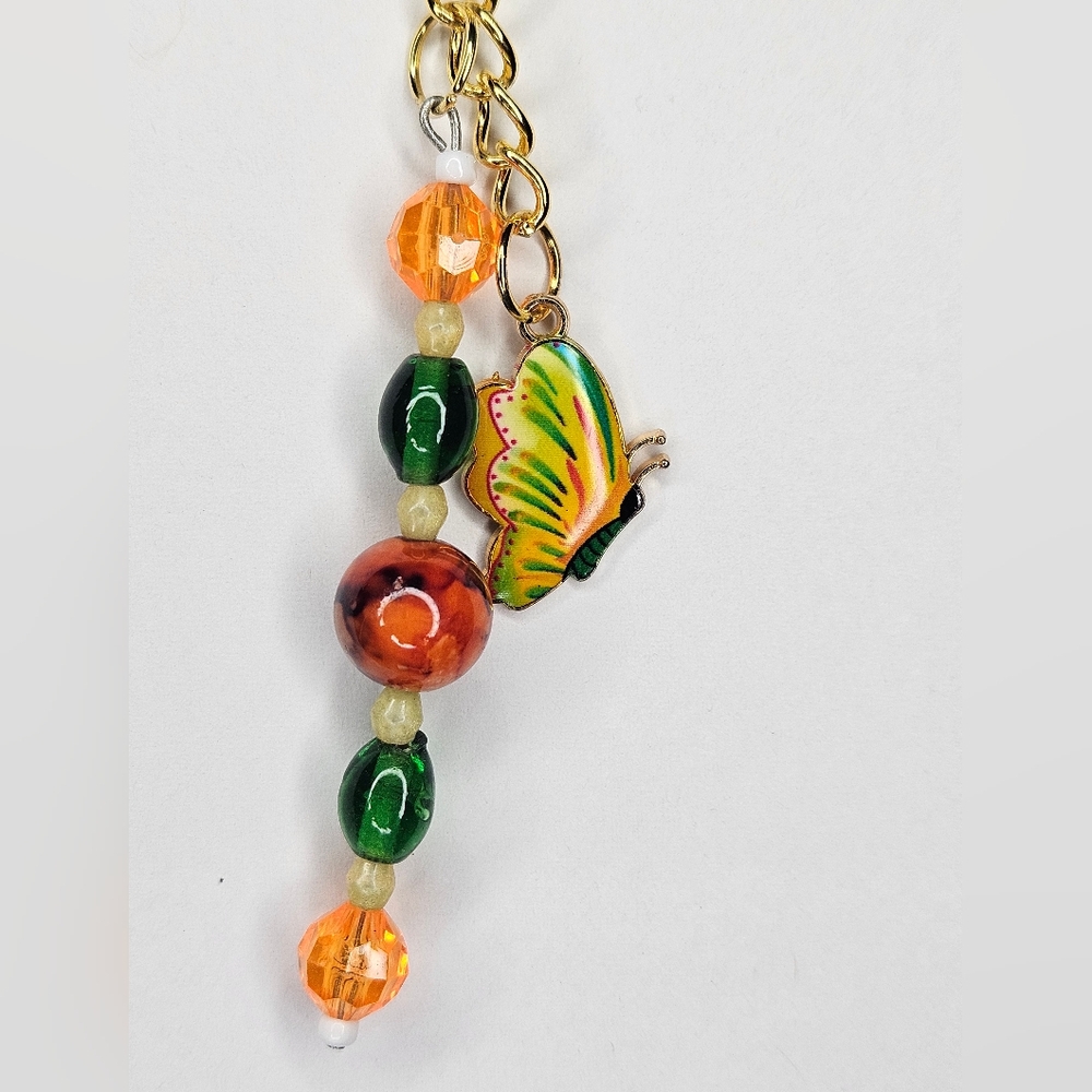 Orange And Green Butterfly And Beaded Keychain Handmade